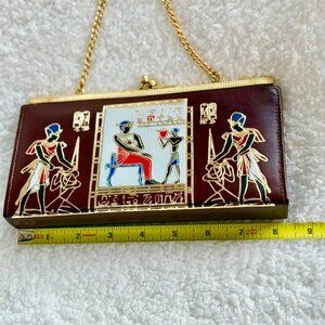 Vintage Egyptian Camel Leather Clutch – Brown/Gold – Kiss Lock – NEW